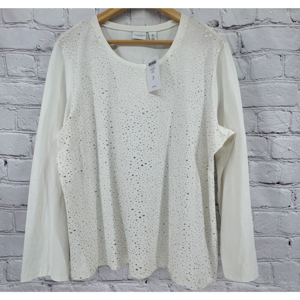 NWT Chico's Top Women's 3 (XL) Ecru w/ Silver Long Sleeve Tee Shirt FLAW